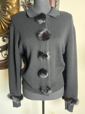 The Icing Women’s Vintage Black Cardigan Sweater Jumper Mink Accents  M/L